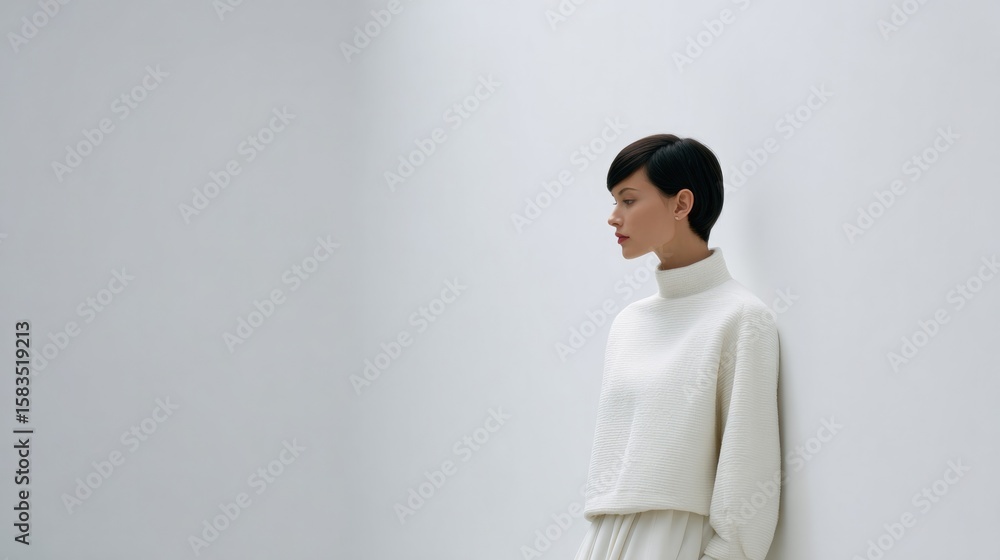fashion model in minimalistic outfit stands against plain white wall fashion model in minimalistic outfit stands against plain white wall