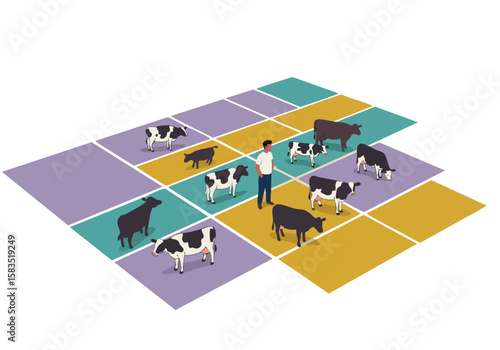 A man oversees a herd of black and white cows across a colorful pasture. A clear, modern composition with distinct color blocks. Suitable for agricultural or rural themes.