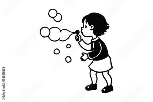 A simple silhouette of a child blowing bubbles, creating a whimsical and imaginative scene.