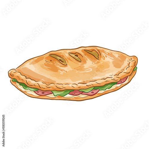 Hand-drawn illustration of a delicious calzone sandwich with fresh ingredients and golden crust