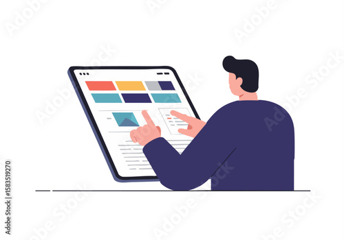 A man uses a tablet, examining content on a modern screen. Clean, flat design illustration. Suitable for digital marketing and tech concepts.