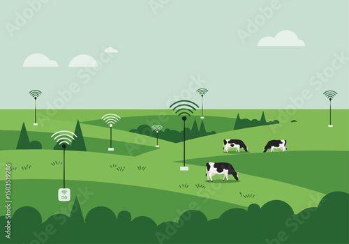 A pastoral scene featuring cows and IoT sensors on a green pasture. Modern technology meets rural life. Clean, bright, and inviting.