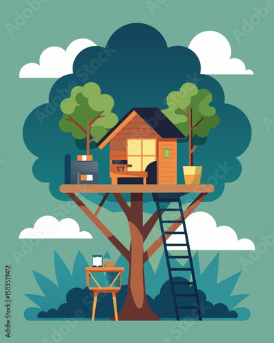 Imagine waking up in a cozy treehouse and starting your workday surrounded by nature.. Vector illustration