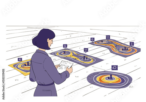 A professional woman analyzes zone diagrams, studying data patterns. Modern illustration with a focus on analytical thinking and strategic planning. Clean, graphic style.