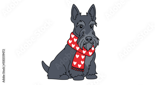 Cute scottish terrier dog wearing a festive heart patterned scarf sitting down