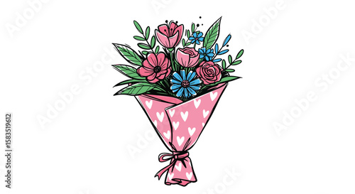 Charming bouquet of delicate blooms in a heart patterned wrapper tied with a ribbon
