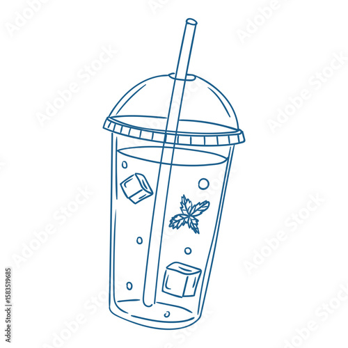 Refreshing beverage in a clear cup with ice and mint on a sunny day