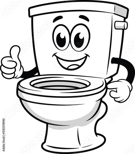Cartoon toilet character, thumbs up gesture, happy bathroom mascot, plumbing humor, vector illustration, cheerful bathroom icon, sanitation concept