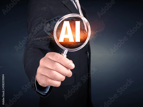 Business man hold a magnifying glass up to a AI artificial intelligence hologram.