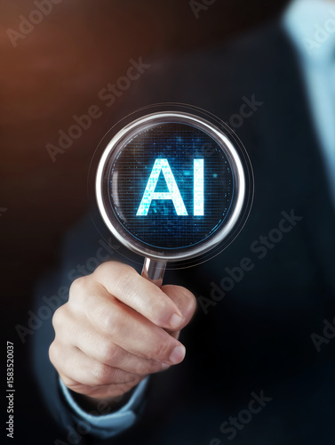 Business man hold a magnifying glass up to a AI artificial intelligence hologram.