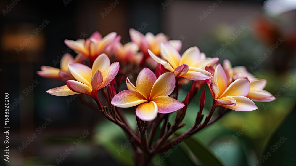 Fototapeta premium Close-up of a cluster of plumeria blossoms.
