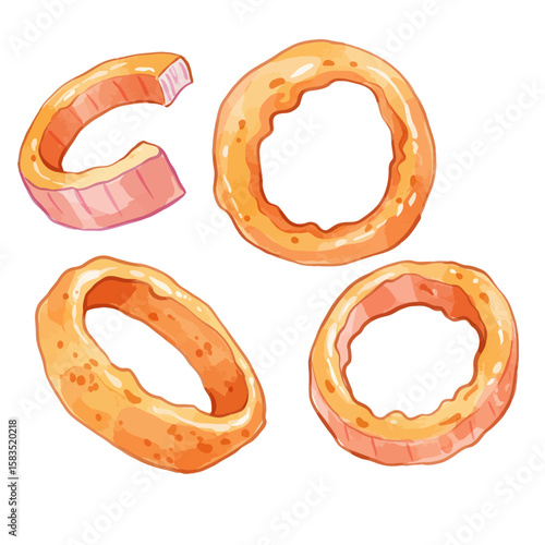 Watercolor illustration of crispy fried onion rings, fast food, snack, isolated on white background
