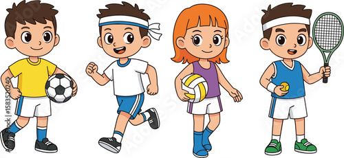Children playing sports, soccer, tennis, volleyball, running, active lifestyle, fitness, teamwork, fun games, vector art, cartoon style, healthy kids, physical activity, youth exercise, outdoor fun