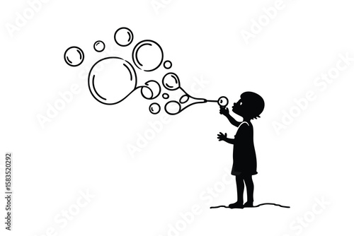 A simple silhouette of a child blowing bubbles, creating a whimsical and imaginative scene.
