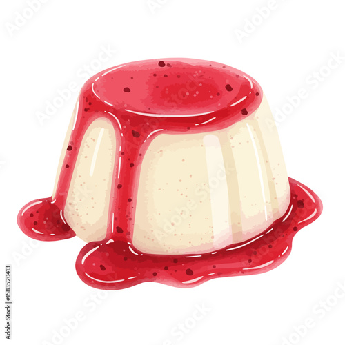 Delicious creamy panna cotta dessert with vibrant red berry sauce, sweet treat illustration