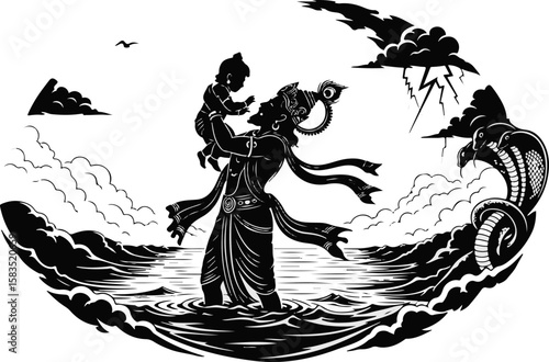 Krishna Janmashtami 2025 – Blessings of Divine Birth, Vasudev Carrying Baby Krishna Through Flooded Waters in Black Silhouette Art