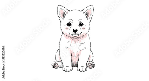 Adorable white shiba inu puppy sitting facing forward with cute expression
