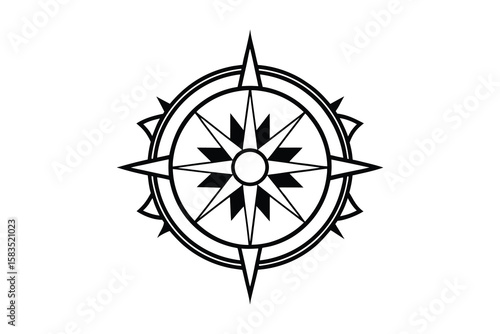 A black and white illustration of a compass rose, featuring a circular design with a prominent central circle and eight pointed star-like directions. The compass is adorned with a decorative.