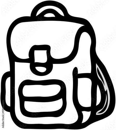 Simple line drawing of a backpack with straps, pockets, and a top handle.