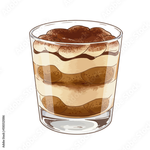 Delicious tiramisu dessert in a glass, layered with ladyfingers, cream, and cocoa powder, sweet trea