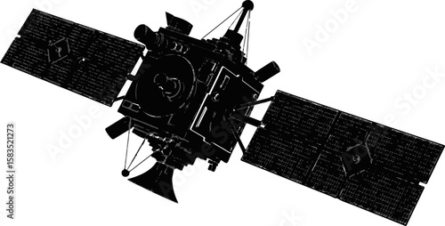 Black Silhouette 3D Vector of Modern Space Satellite with Solar Panels and Antennas