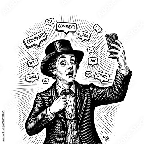 Timeless narcissism illustrated, a vintage man in a classic suit taking a selfie for social media validation.