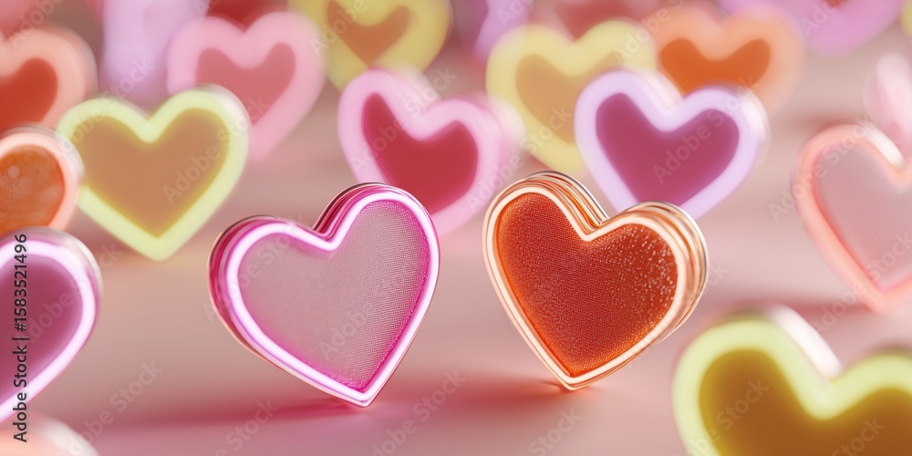 Fototapeta premium Magenta and Lemon Yellow Neon Hearts on Soft Pastel Pink