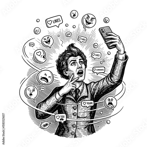 The overwhelming quest for social media validation, a man consumed by likes and comments from his selfie in a retro engraving.