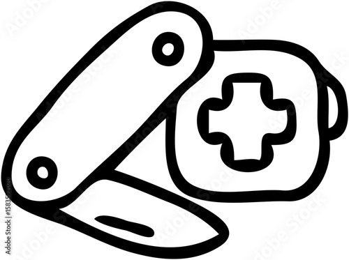 A cartoon drawing of a pocketknife next to a first-aid kit.