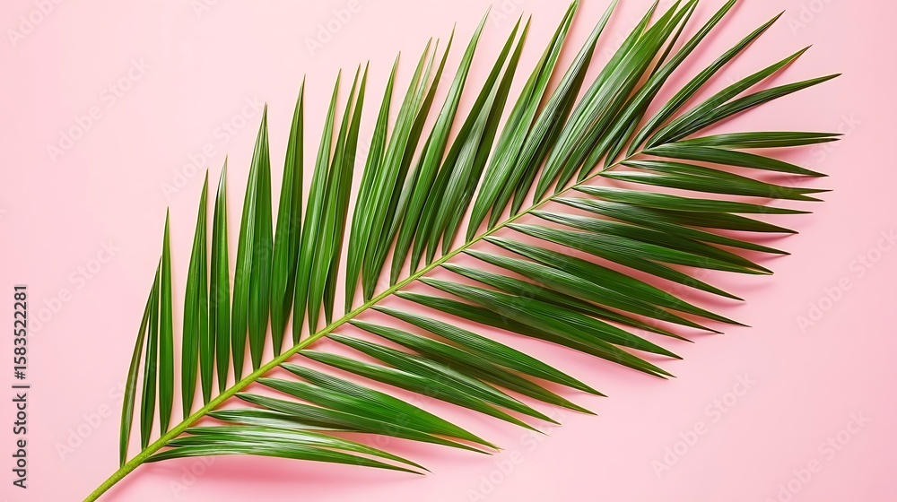 Fototapeta premium Tropical serenity with green palm leaf isolated on a pink background