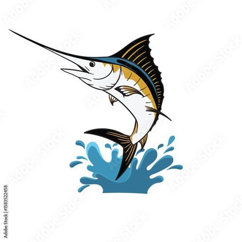 Vector marlin fish jumping with water splash, isolated on white background