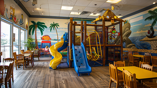 Play area with vibrant murals and multiple slides invites families to gather and children to play together in a colorful, inviting space.