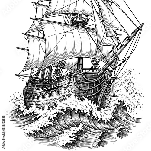 Majestic historical sailing ship in a classic engraving style, powerfully braving the stormy ocean waves.
