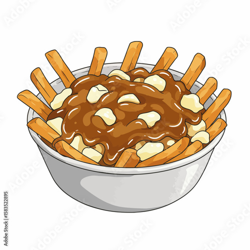 Delicious Poutine Illustration: French Fries, Gravy, and Cheese Curds in a Bowl, Food Concept