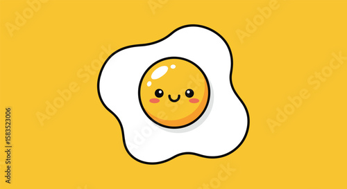 Cute fried egg character with happy face on yellow background fun food art