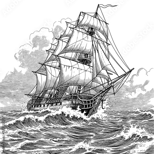 An old wooden sailing vessel battling a tempest on the high seas, a classic black and white historical illustration.