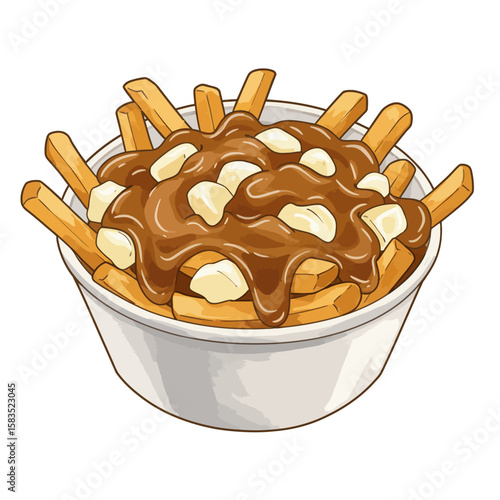 Delicious Poutine Illustration: French Fries with Gravy and Cheese Curds in a White Bowl, Food Art