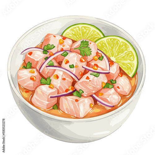 Delicious salmon ceviche with lime and cilantro in a white bowl, fresh seafood cuisine illustration