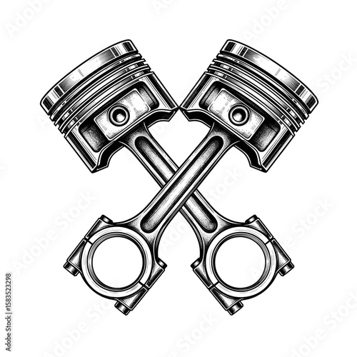 Monochrome illustration of two crossed engine pistons and connecting rods, a symbol of automotive power and mechanical engineering.