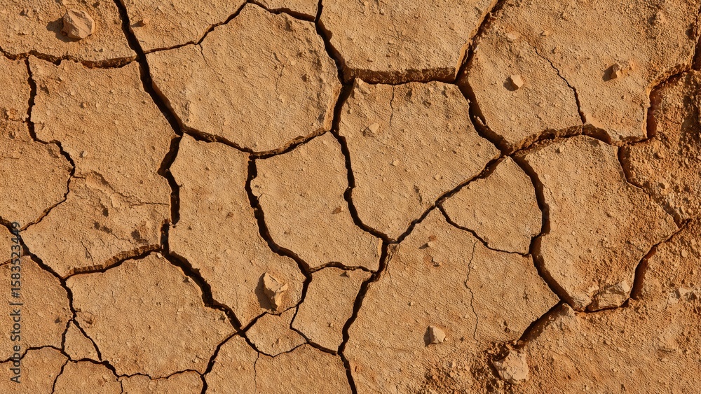 Fototapeta premium Dry, cracked soil showcasing deep earthy tones and textures, highlighting natural erosion in a barren landscape.