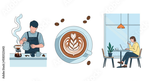 Artistic coffee preparation aromatic beverage enjoyment and cozy cafe ambiance