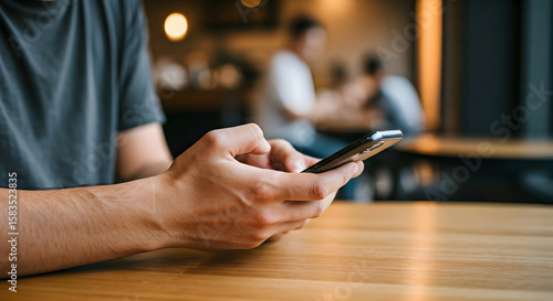 Person using smartphone in a cafe setting close up shot