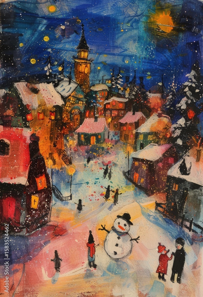 Fototapeta premium Charming winter village scene with a snowman.
