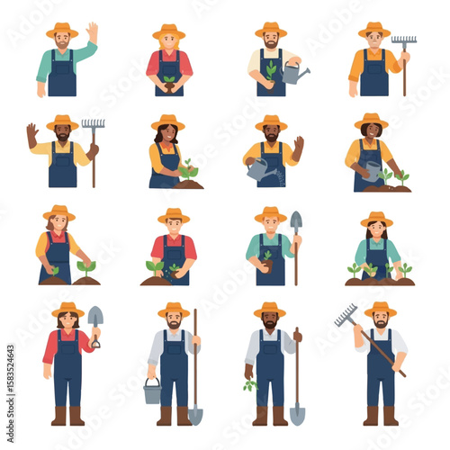 A collection of diverse farmers performing various gardening tasks, smiling.