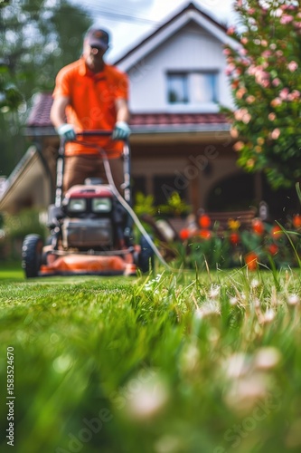 Man mowing lawn in vibrant garden setting