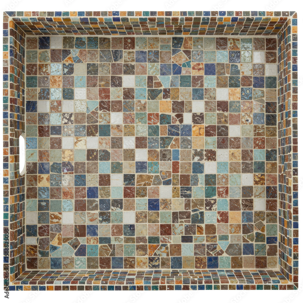 Fototapeta premium Colorful mosaic tile tray with intricate patterns, placed on a wooden surface