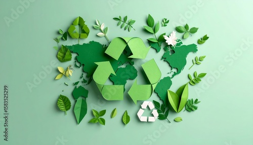 Green paper recycling symbol over world map, surrounded by leaves