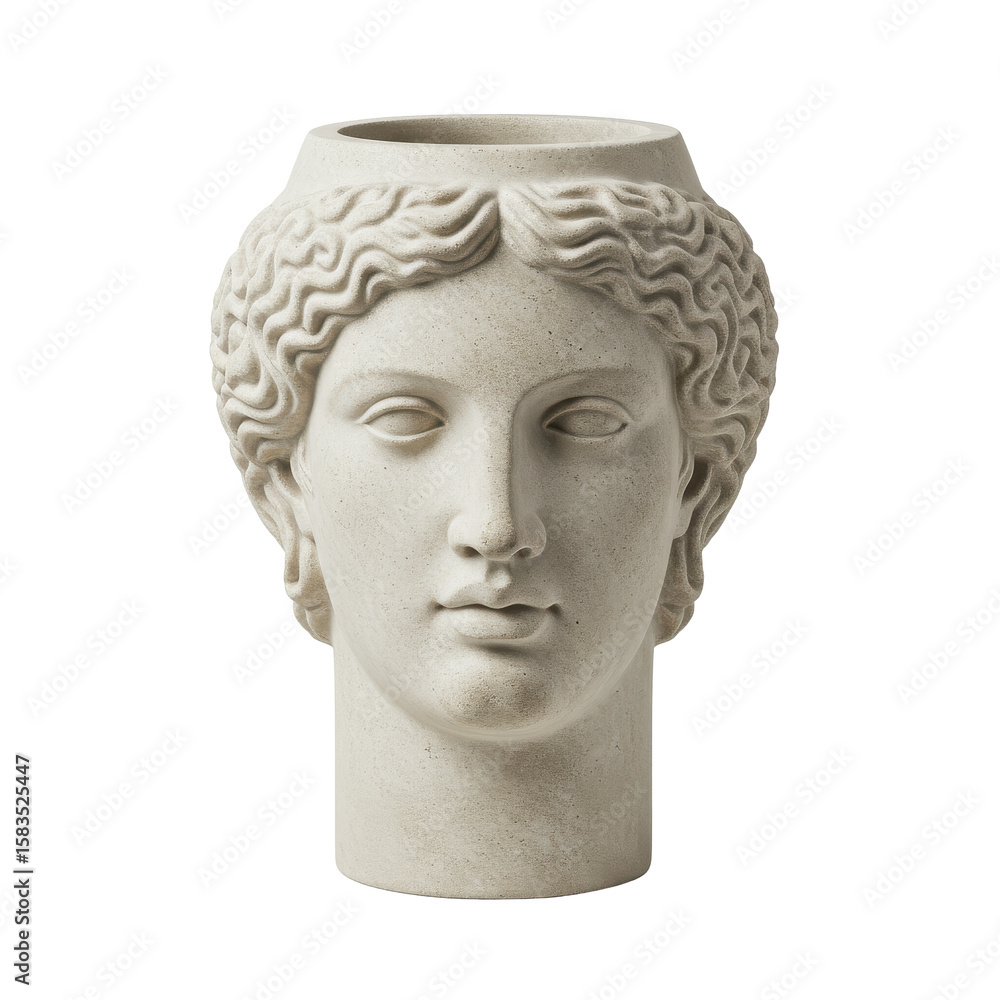 Classical sculpture of a woman's head designed as a decorative vase on a plain background Classical sculpture of a woman's head designed as a decorative vase on a plain background