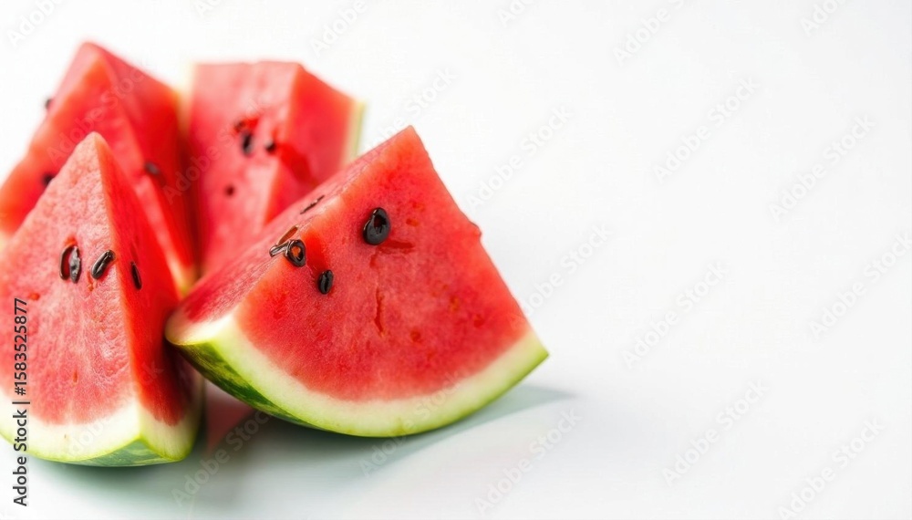 Cool, refreshing watermelon slices on white background, photography, deliciousness, dessert Cool, refreshing watermelon slices on white background, photography, deliciousness, dessert