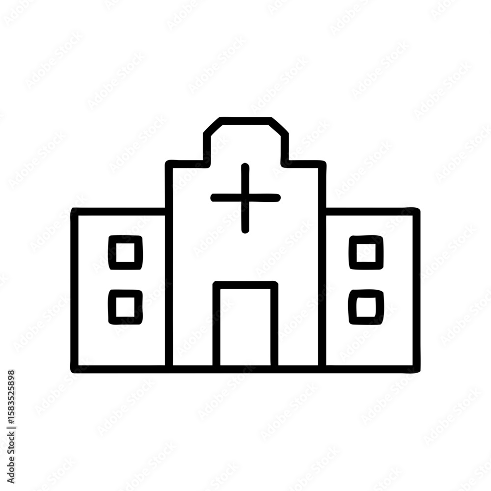 Fototapeta premium Hospital building with cross symbol in minimalist line art style 